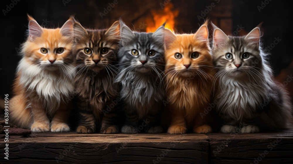 Group of four Maine Coon cats in front of a burning fireplace Group of four Maine Coon cats in front of a burning fireplace