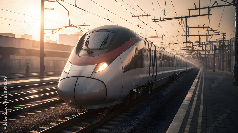Modern high speed bullet train railway transportation in the train station. Generative AI technology.