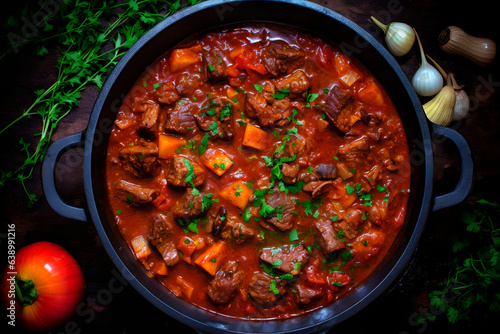 Delicious hungarian Goulash in top view.
