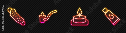 Set line Aroma candle, Washcloth, Sauna ladle and Cream or lotion cosmetic tube. Glowing neon icon. Vector