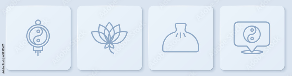 Obraz premium Set line Chinese paper lantern, Dumpling, Lotus flower and Yin Yang symbol. White square button. Vector