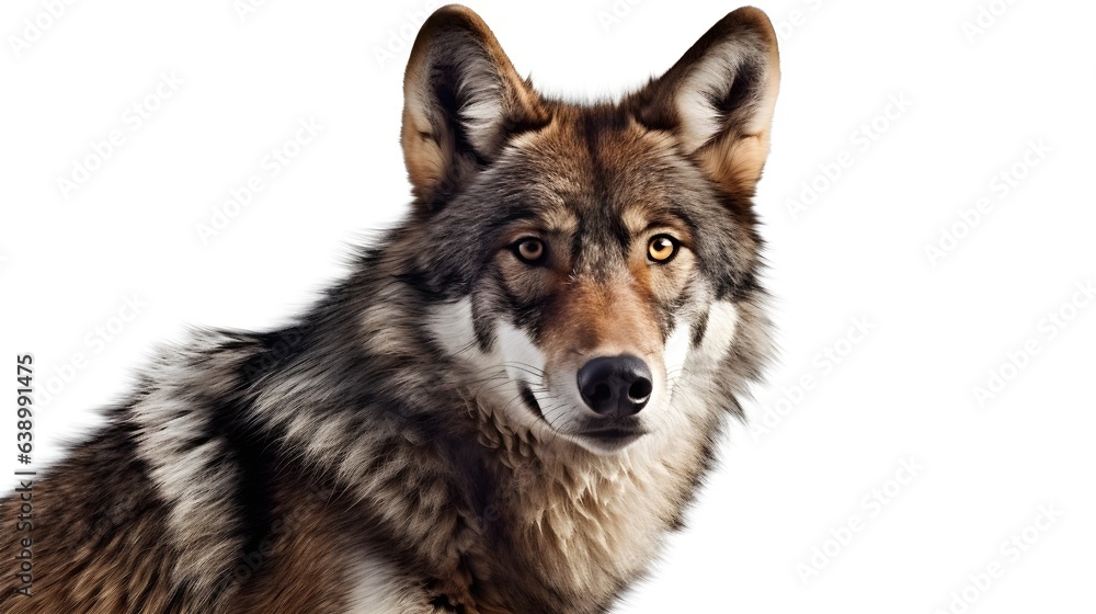 Close up of wolf face stare and observe isolated on white background studio shot background. Generative AI technology.