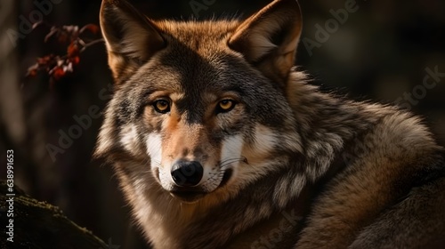 Close up of wolf face stare and observe in the meadow nature background. Generative AI technology.