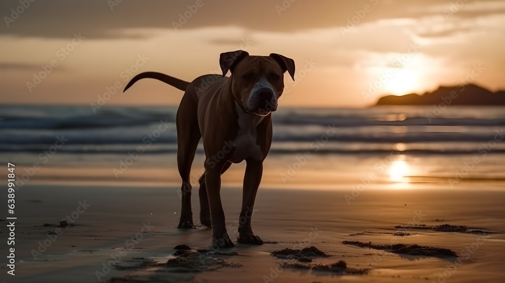 Pit bull dog walking and playing at the beach in the evening sunset. Generative AI technology. Pit bull dog walking and playing at the beach in the evening sunset. Generative AI technology.