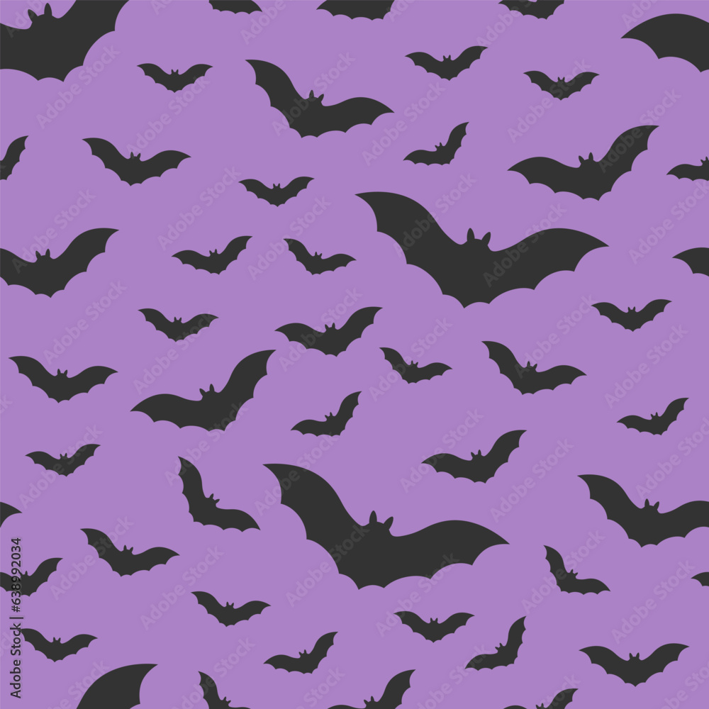 Flying black bat on a purple background. Festive Halloween vector illustration. Seamless pattern. Flying black bat on a purple background. Festive Halloween vector illustration. Seamless pattern.