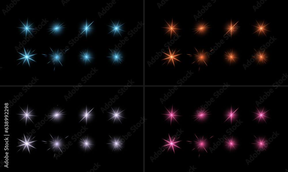 Glowing lights effect, flash, explosion and stars. Special effect isolated on dark background. Transparent background. Pack. Glowing lights effect, flash, explosion and stars. Special effect isolated on dark background. Transparent background. Pack.