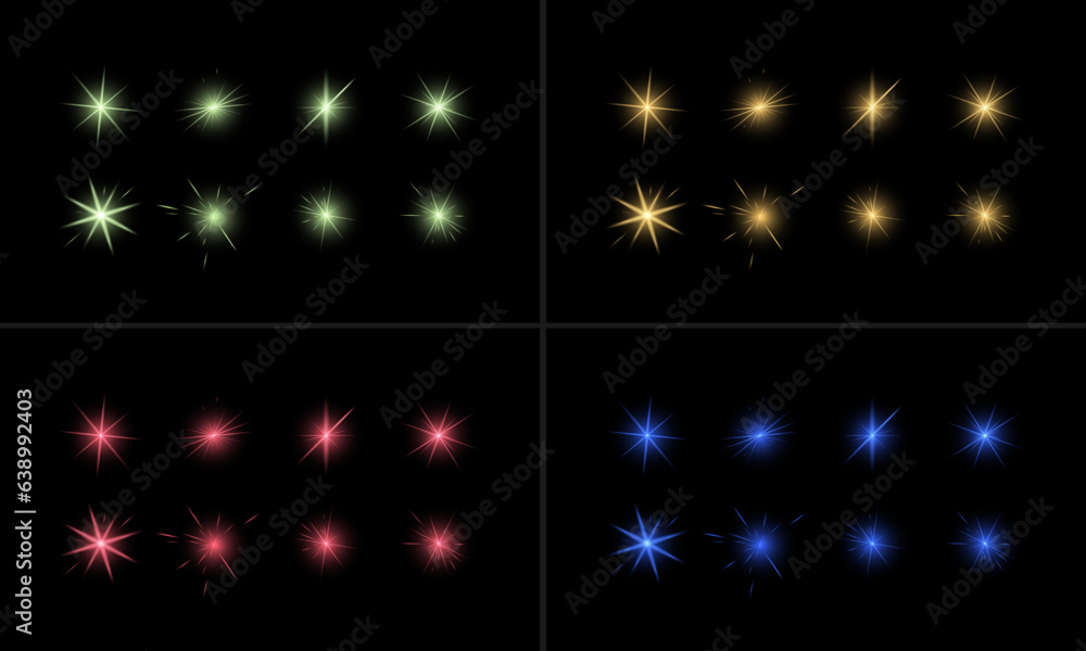 Glowing lights effect, flash, explosion and stars. Special effect isolated on dark background. Transparent background. Pack. Glowing lights effect, flash, explosion and stars. Special effect isolated on dark background. Transparent background. Pack.