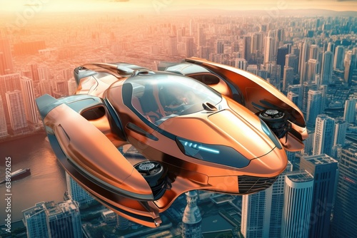 Atmospheric scene featuring a futuristic flying car soaring through the sky. Generative AI © YouraPechkin