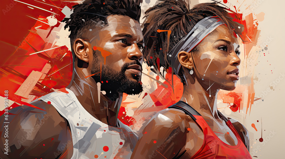 Couple doing sport together, art illustration Couple doing sport together, art illustration