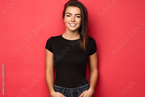 female wearing black tshirt for mock up on solid red background