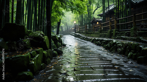 A Bamboo Forest With a Path in The Rain AI Generative