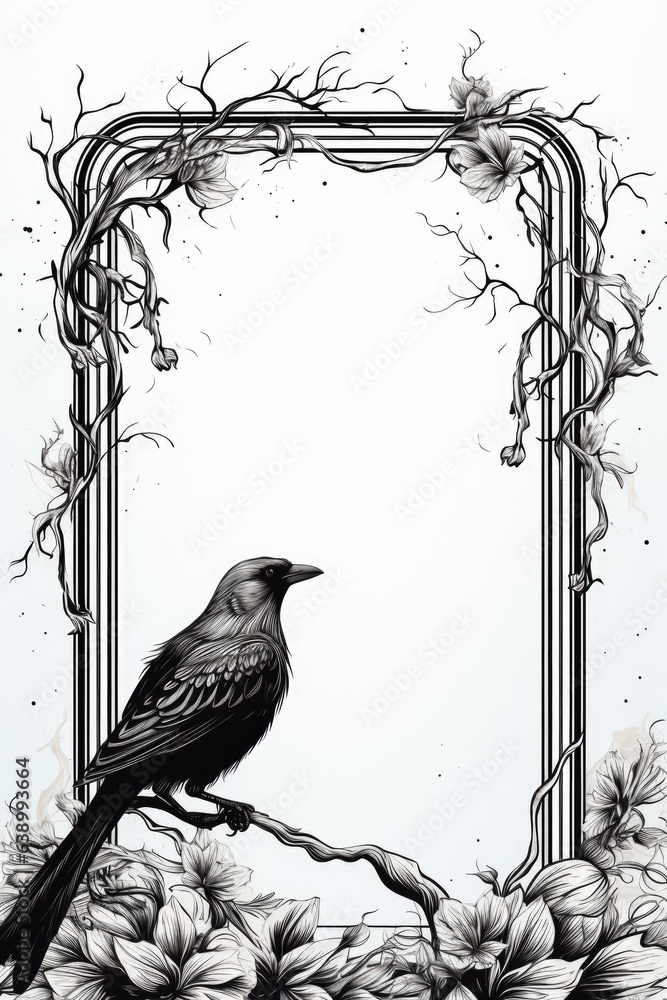 Fototapeta premium Antique-style calligraphic ornament with raven birds forming copy space frame in black and white vector design 