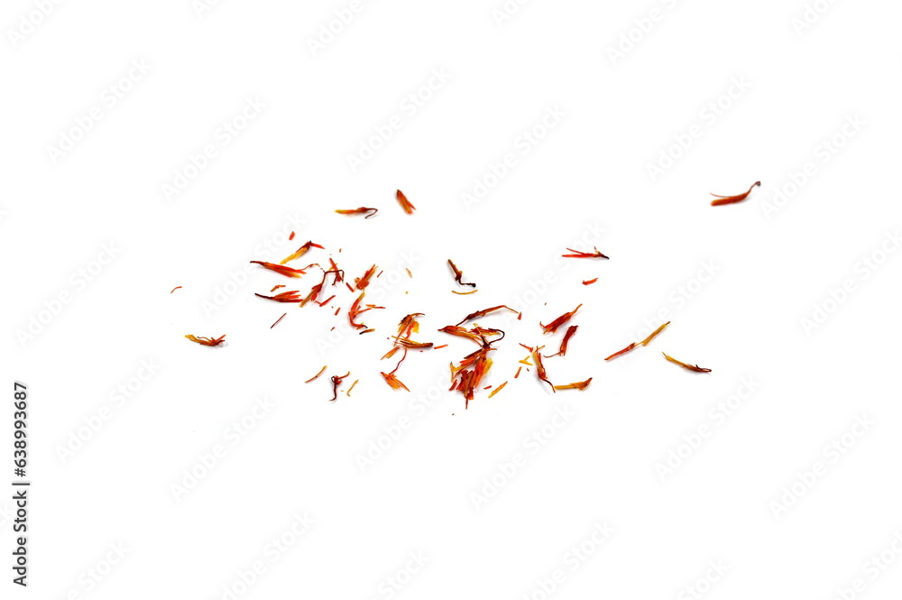 Heap of saffron isolated on white background, view from above. Heap of saffron isolated on white background, view from above.