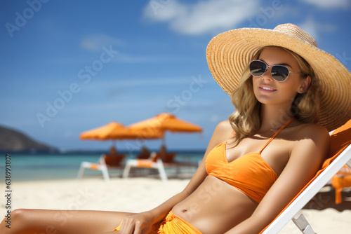 Girl in orange bikini relaxes on beach 