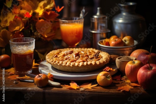 A festive fall scene with apple cider, cinnamon sticks, and a pumpkin pie surrounded by autumn leaves. Generative AI
