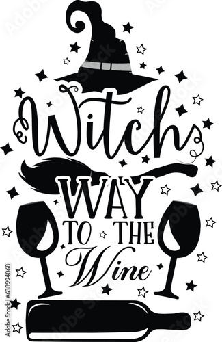 Witch way to the Wine. Funny Halloween text with witch hat and broom. Good for t shirt print, poster, card, party decoration and gift design. Illustration isolated on white background.