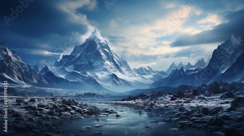 beautiful landscape with mountains, snow and river, Generative Ai © L2004 ZUL