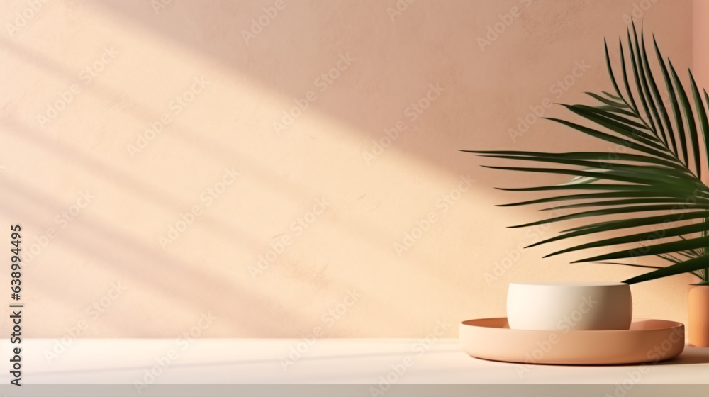 Minimal abstract cosmetic background for product presentation. Sunshade palm leaf shadow on plaster wall. 3d render illustration Minimal abstract cosmetic background for product presentation. Sunshade palm leaf shadow on plaster wall. 3d render illustration