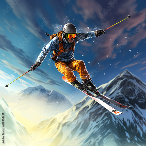 Freestyle skier in jump. Skiing..