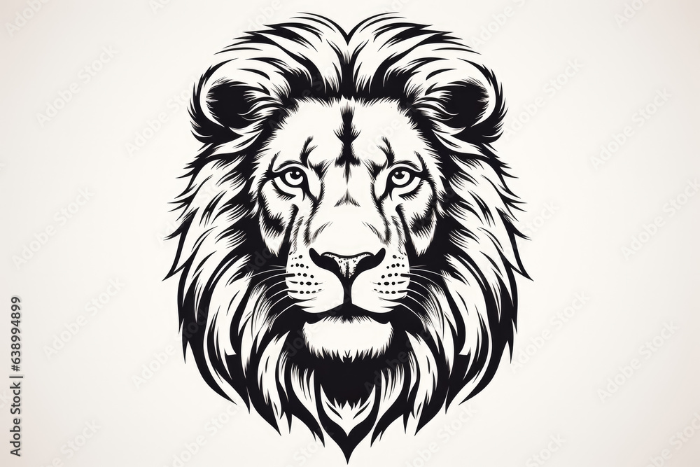 En face portrait of a standing African lion with a big mane in a black and white vector design 