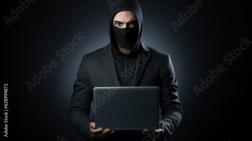 portrait hacker wearing suit holding the laptop on grey isolated background