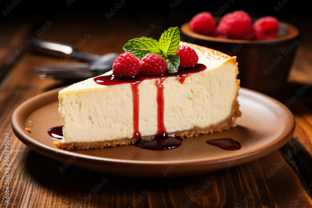 New York-style cheesecake slice on wooden background served on a white plate with a dessert fork New York-style cheesecake slice on wooden background served on a white plate with a dessert fork
