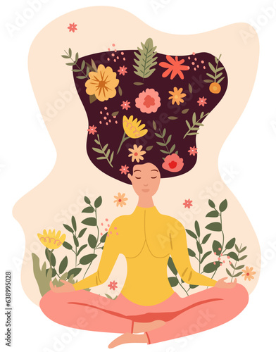 A woman meditates in a yoga lotus position surrounded by leaves and flowers. Concept of yoga practice, meditative relaxation, healthy lifestyle, leisure and wellness support. Vector. © YustynaOlha