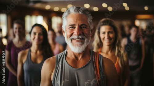 Portrait of smiling senior man standing against group of people in fitness studio.