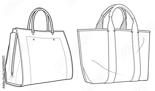 Tote bag flat sketch fashion illustration drawing template mock up, Canvas tote bag cad drawing. Carry bag flat sketch vector