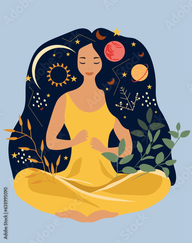 Woman in yoga lotus posture finding peace through meditation in outdoor. Concept for yoga, stress relief, leisure activities, and maintaining well being, relaxation. Vector illustration