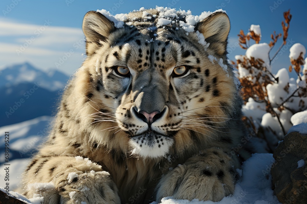 Enigmatic Snow Leopard. A snow leopard camouflaged amidst the rocky terrain of its mountain habitat, its piercing eyes staring intensely. Enigmatic Snow Leopard. A snow leopard camouflaged amidst the rocky terrain of its mountain habitat, its piercing eyes staring intensely.