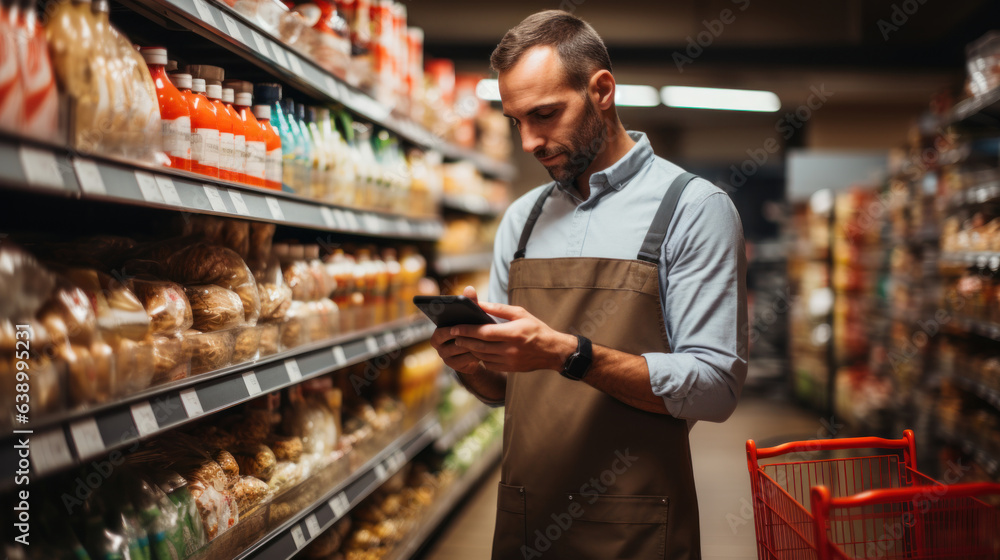 Ssalesman in apron look at phone while posing near products in supermarket.
