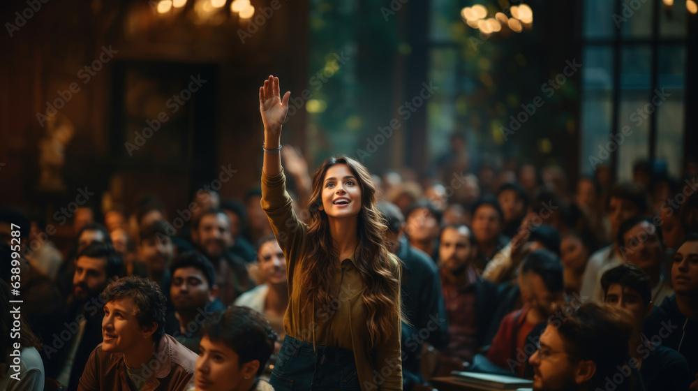 Girl student raising hand in a classroom showing she is ready.