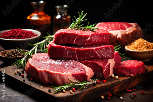 Raw cuts of meat dry aged beef steaks and hamburger patties in a varied assortment 