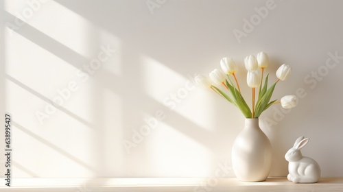 White tulips in a white ceramic vase with white ceramic rabbit stand on a wooden table in the morning sun light. Living room still life. Empty wall copy space. 