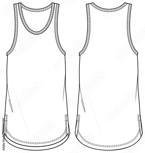 Men's sleeveless Tank top vest flat sketch fashion illustration drawing template mock up with front and back view. Split hem tank top sketch vector