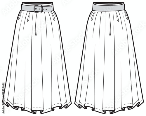 Women midi Skirt flat sketch illustration, Womens maxi  skirt with belt font and back view technical drawing vector illustration