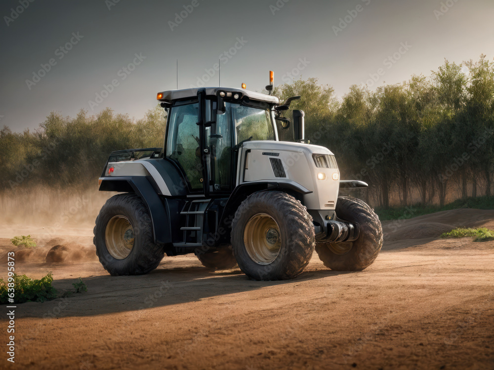 Futuristic potato harvester harvesting on the ground, potato tubers, doing outdoor gardening in the early morning hours. Futuristic Eco farm Concept Futuristic potato harvester harvesting on the ground, potato tubers, doing outdoor gardening in the early morning hours. Futuristic Eco farm Concept