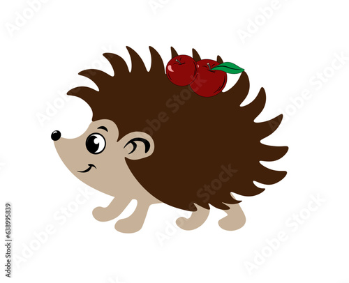 Vector illustration of a cartoon hedgehog with apples on needles