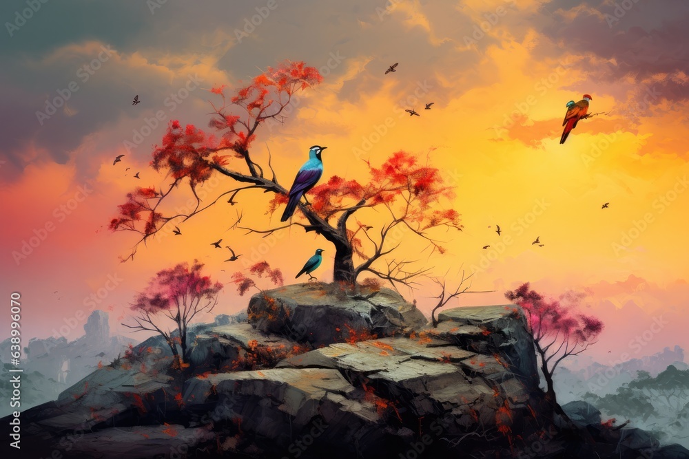 Obraz premium Bird sitting on a tree in the mountains at sunset. Digital painting, serene African savannah perched on a cliff, with a spectacular array of exotic birds perched on branches and foliage, AI Generated