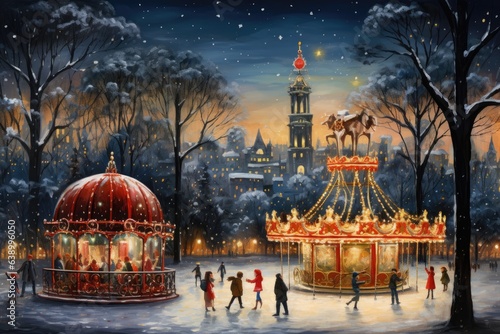 Leinwand Poster Merry go round on the background of the Moscow Kremlin, merry Christmas scene fi