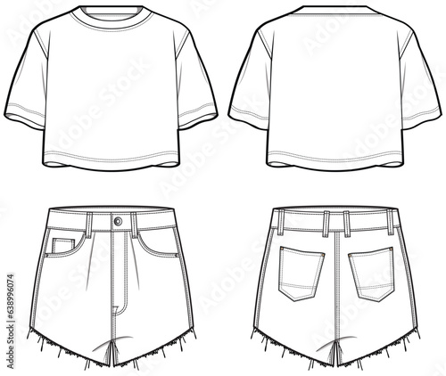 Women's Crew neck Crop top T Shirt with denim short flat sketch fashion illustration drawing template mock up with front and back view, Raw edge micro denim short vector template