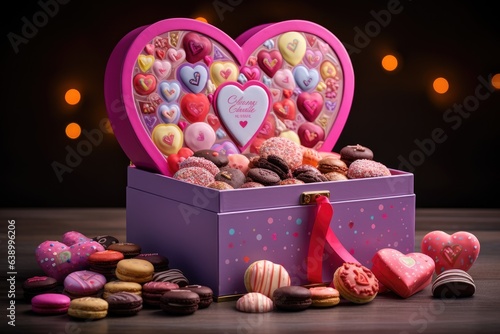 Colorful heart shaped box full of candies and macaroons, whimsical gift box, complete with a hidden compartment filled with a breathtaking assortment of colorful Box, AI Generated