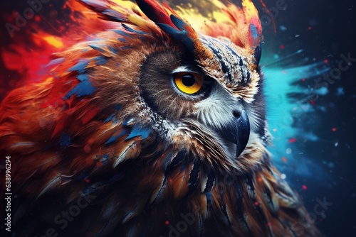 Owl with fire and smoke in the background. 3d rendering, Abstract animal Owl portrait closeup with colorful double-exposure paint, AI Generated