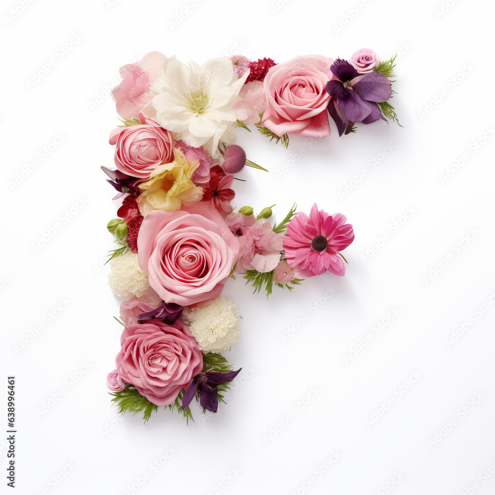 Colorful alphabet capital letter F made with flowers. Spring summer flower font.