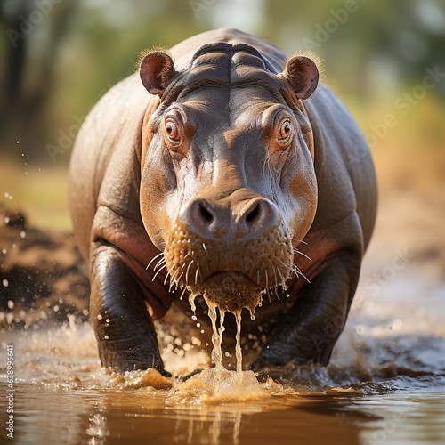 An Hippopotamus in River Looking at Camera AI Generative