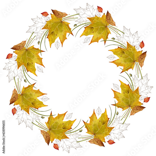 Autumn yellow maple leaves. Rustic leaf wreath. Watercolor illustration on a forest theme. For the design of textiles  poster  cards  ceramics