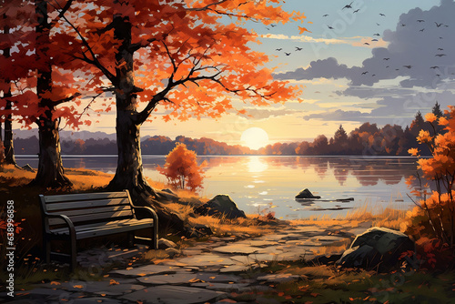 Autumn Reflections, Tranquil Lake in Park Illustration