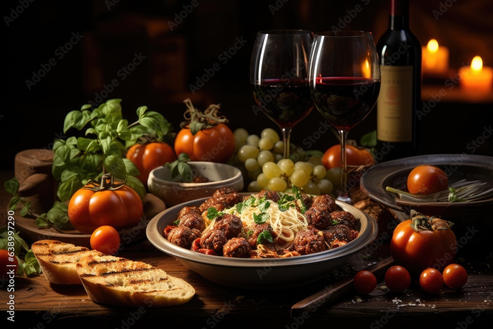 Italian banquet: pasta, wine, tiramisu and more., generative IA