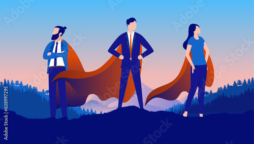Business superheroes - Illustration of three businesspeople in red cape standing strong and proud in epic landscape. Success and triumph concept, flat design vector